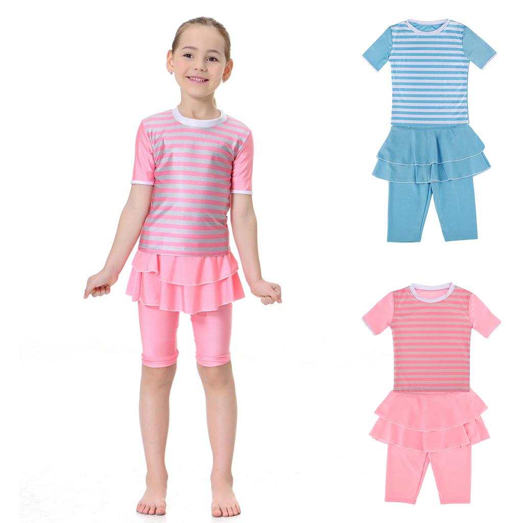 2pcs Kids Girls Swimwear Islamic Muslim Tops//Pants Swimsuit Beach Swimming Suit