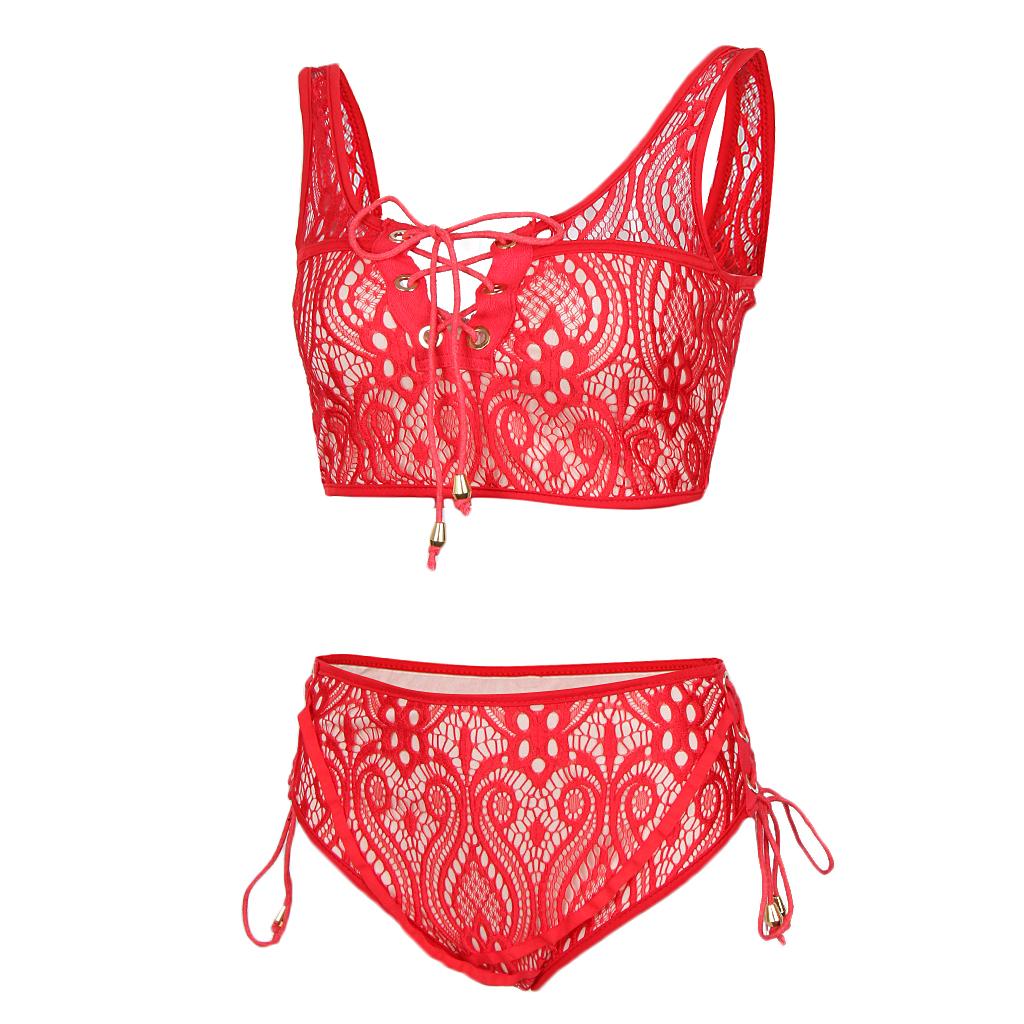 Women's Two Pieces Lace Bandage Bikini Swimsuit Beach Swimwear Set S Red 