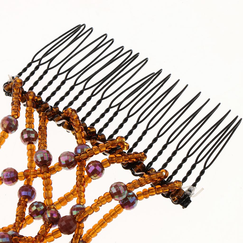 2xDouble Hair Comb Clip Magic Beads Stretchy Hair Holder Hair Jewelry Coffee