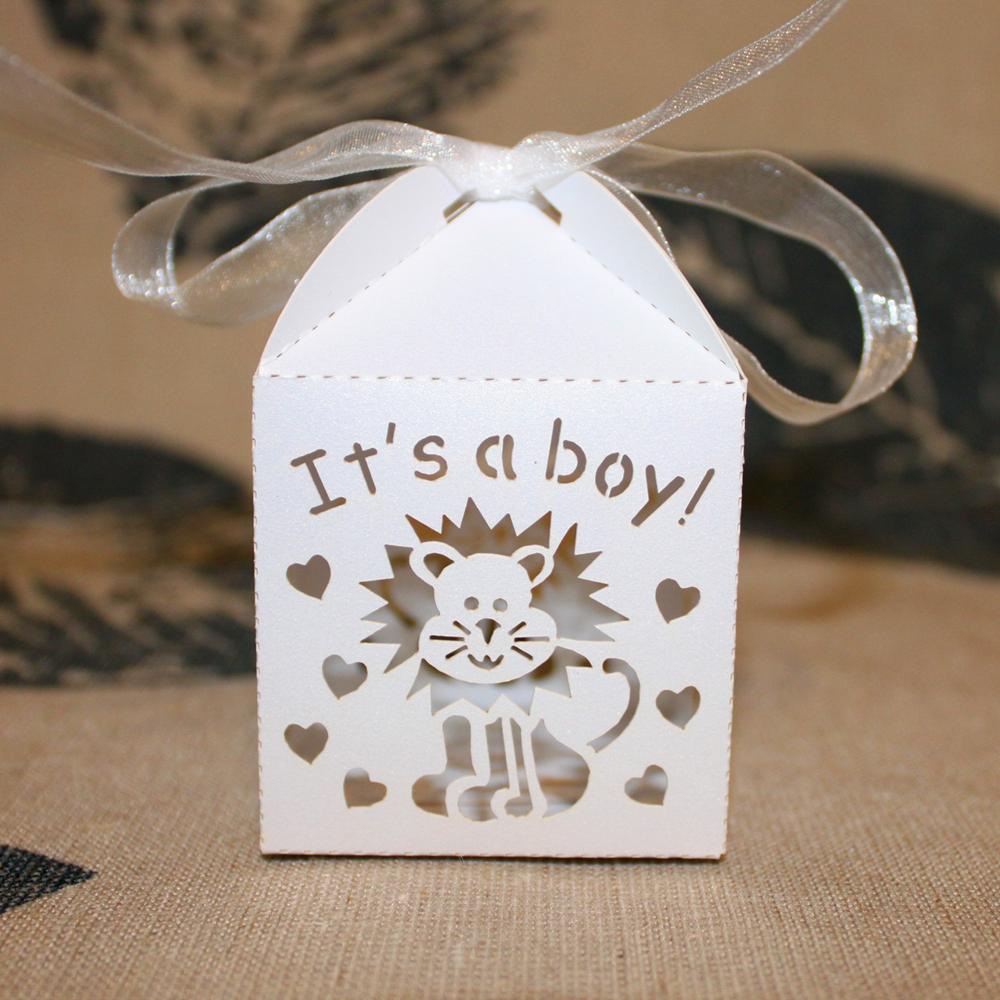 50pcs Laser Cut It's a Boy Candy Gift Boxes Ribbons Baby Shower Favor White
