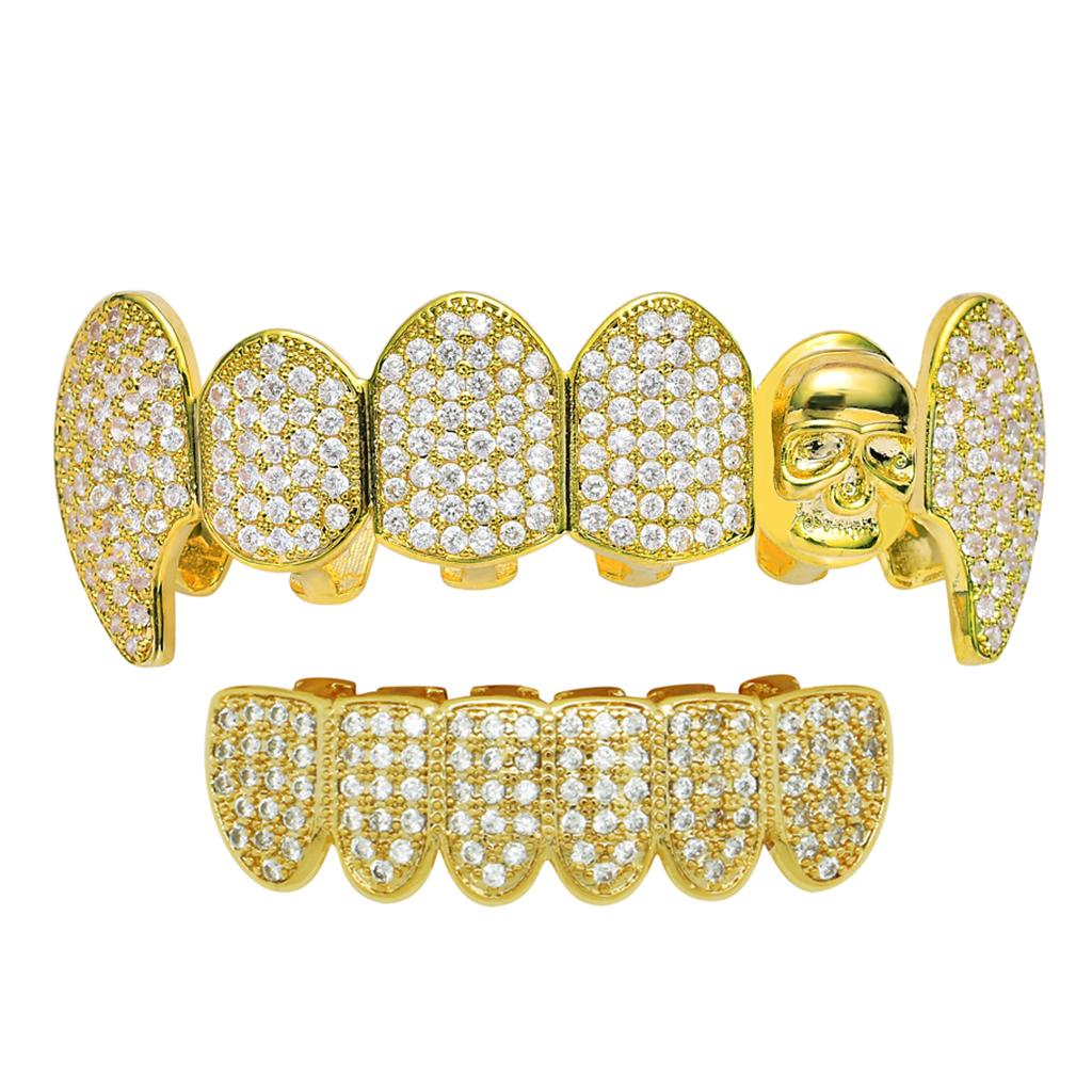 18k Micro Zircon Crystal Top & Bottom Teeth Grills Halloween Gifts Gold