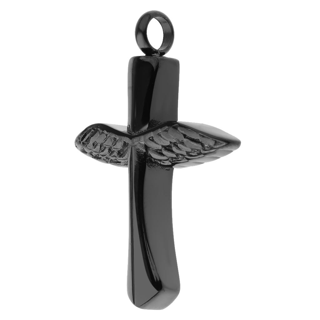 Stainless Steel Angel Wings Cross Urn Pendant Cremation Ashes Keepsake Black