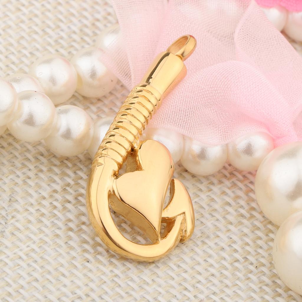 Stainless Steel Fish Hook Heart Pendant Cremation Ashes Keepsake Gold