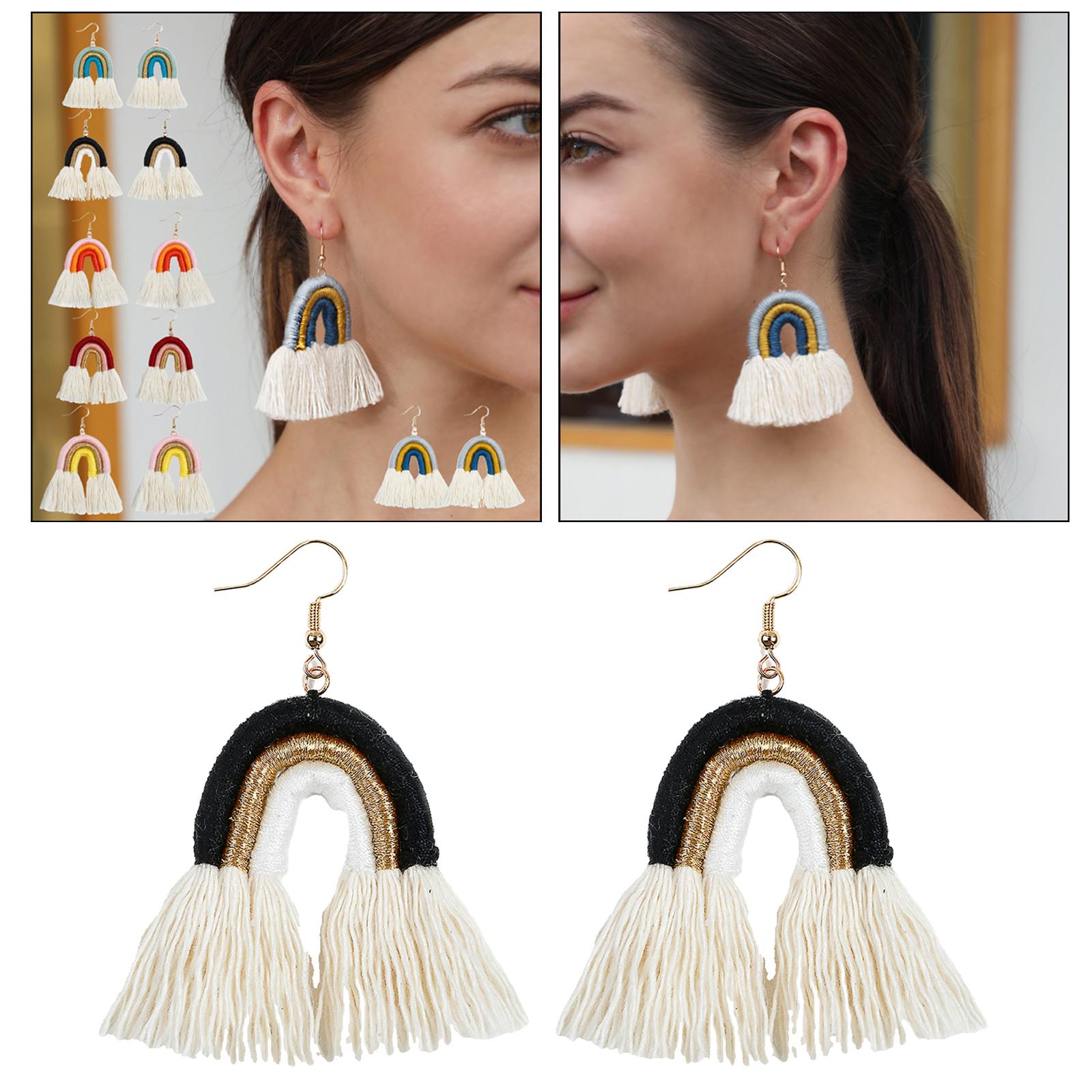 Fashion Jewelry Tassel Fringe Rainbow Shape Drop Dangle Earrings Black