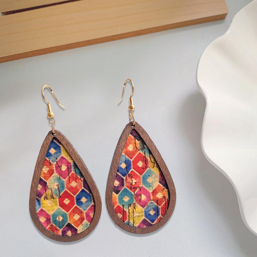 Drop Shape Earrings Retro Wood Grain Leather for Teens Square Rainbow