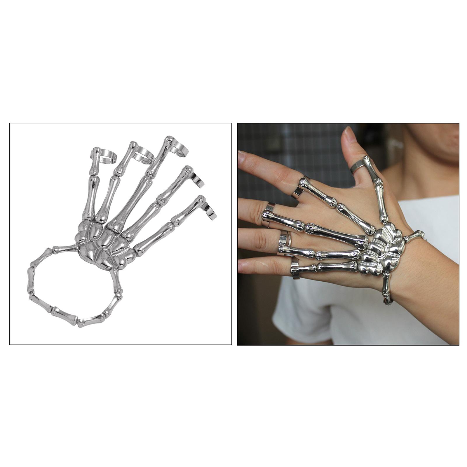 Skeleton Hand Bracelet with Rings Elasticity Wristband for Party silver