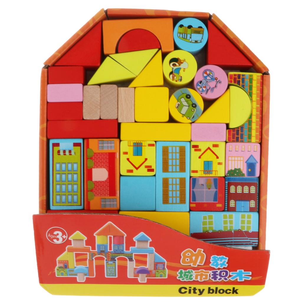 46PCS Wooden Geometry Cognitive Blocks Stacking Game Kids Toy - City