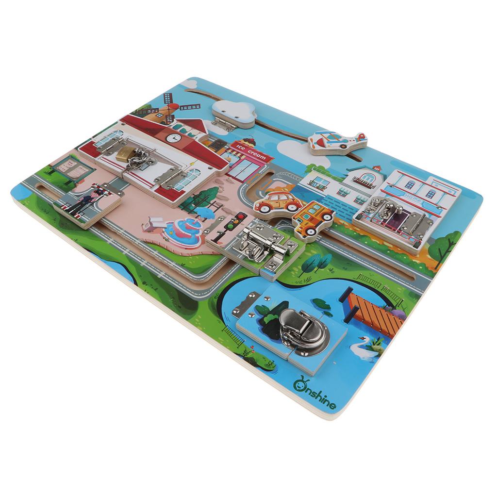 Kids Open Locks Latch Board Puzzle Wooden Educational Toy Urban Road Pattern