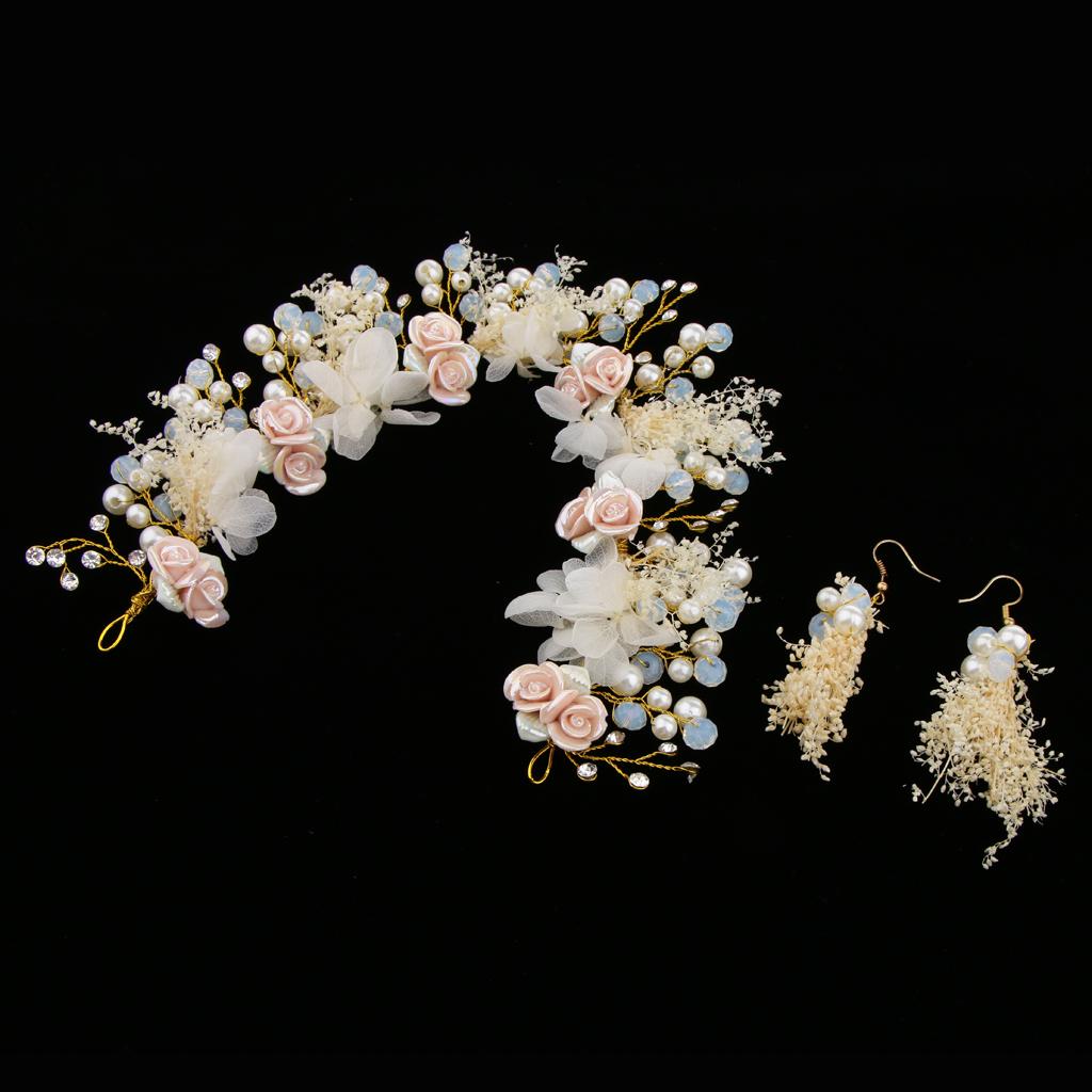 Wedding Hair Band Earrings Set Rhinestone Pearl Flower Bridal Head Jewelry