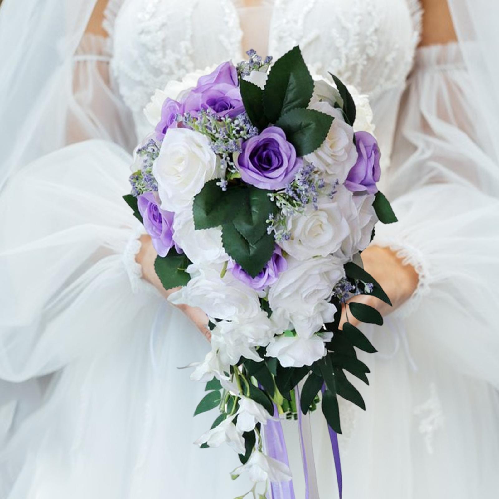 Wedding Hand Bouquet Bridal Holding Artificial Flowers White + Purple