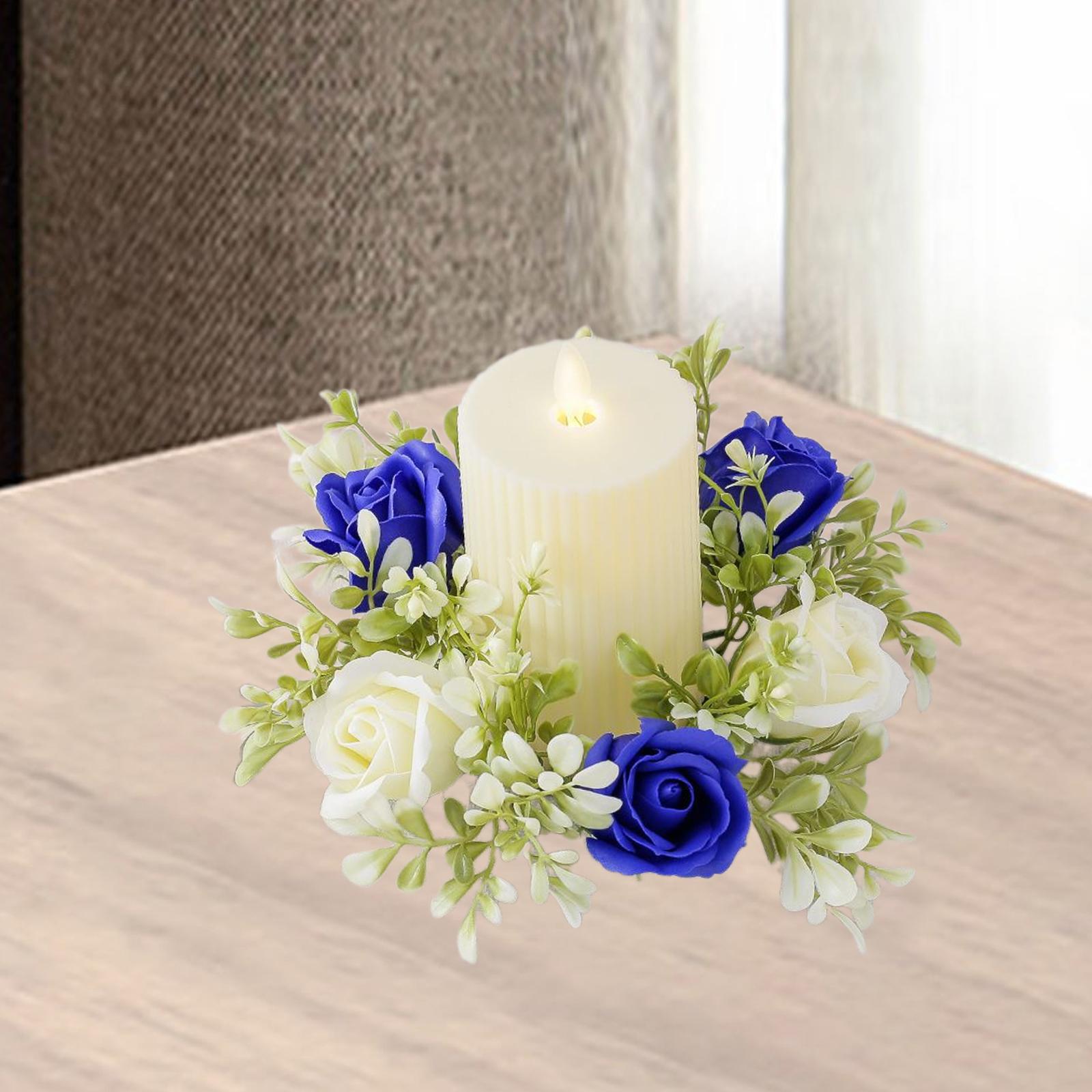 Artificial Flower Candle Ring Small Rustic Fake Candle Garland Ring Ornament Blue