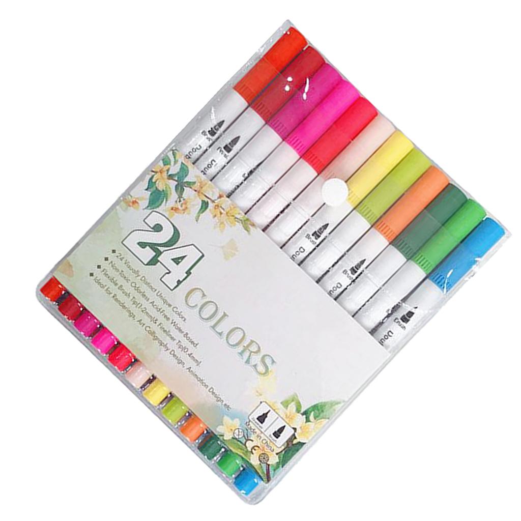 Pack of 24Pcs Dual Tip Multi Colored Fine Liner Sketch Drawing Pens Journal DIY Art Supply