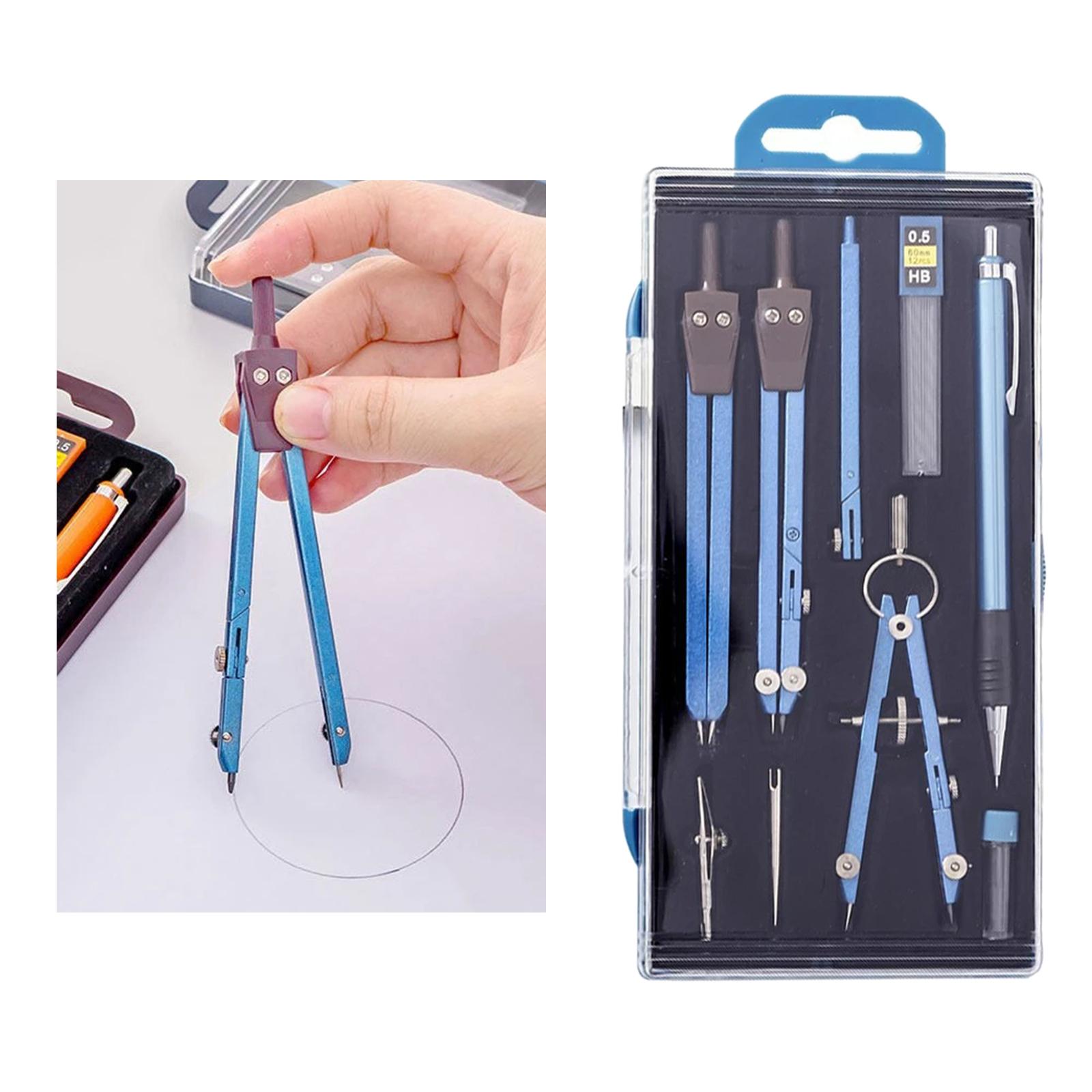 9PCS Professional Drawing Compass Geometry Tool Zinc Alloy Pencil Blue