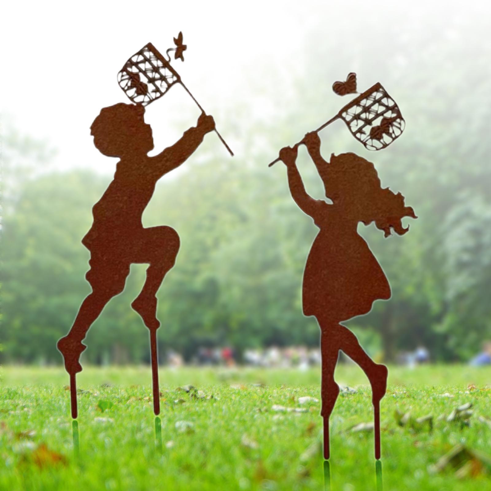 Craft Iron Children Silhouette Garden Pation In-Ground Statues Boy Girl