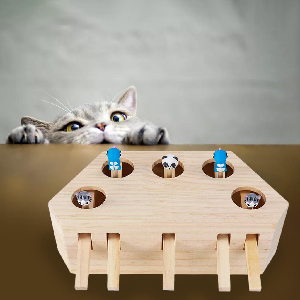2xCat Hunt Mouse Toy Wooden   Box Puzzle Toy Catch Mice 5 Holes