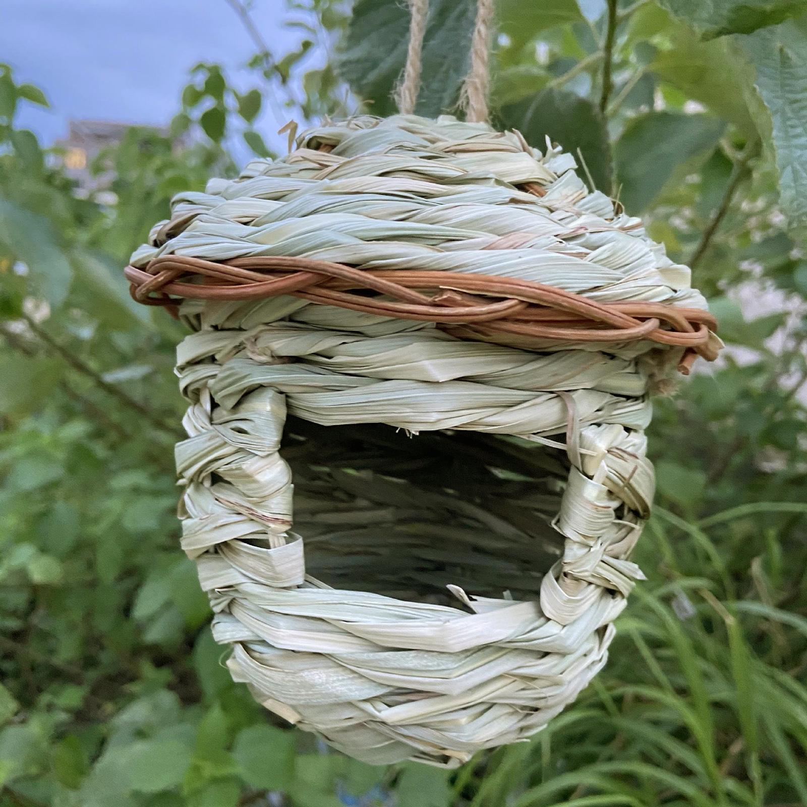 Handcrafted Grass Hanging Birdhouse Straw Bird Nest Hut Natural 16x15cm
