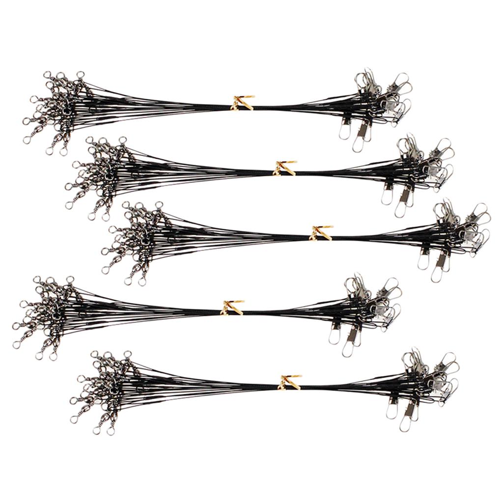 50pcs Fishing Wire Leaders with Safety Snaps and Barrel Swivels Black 15cm