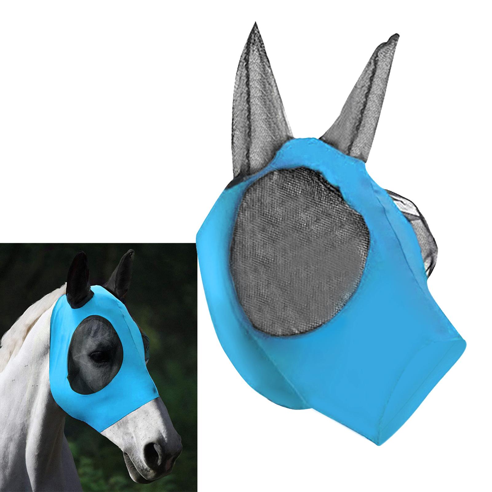 Horse Fly Mask Protective Net Hood Horses Mask with Ears Cover Blue
