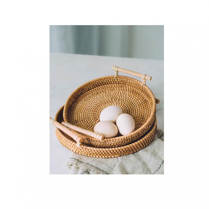 Handwoven Round Rattan Serving Tray with Handles Bread Basket 22cm + 24cm