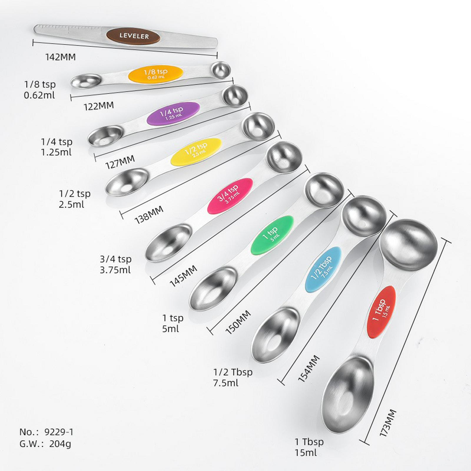 Stainless Steel Dual Sided Measuring Spoons Set of 8 Convenient Black