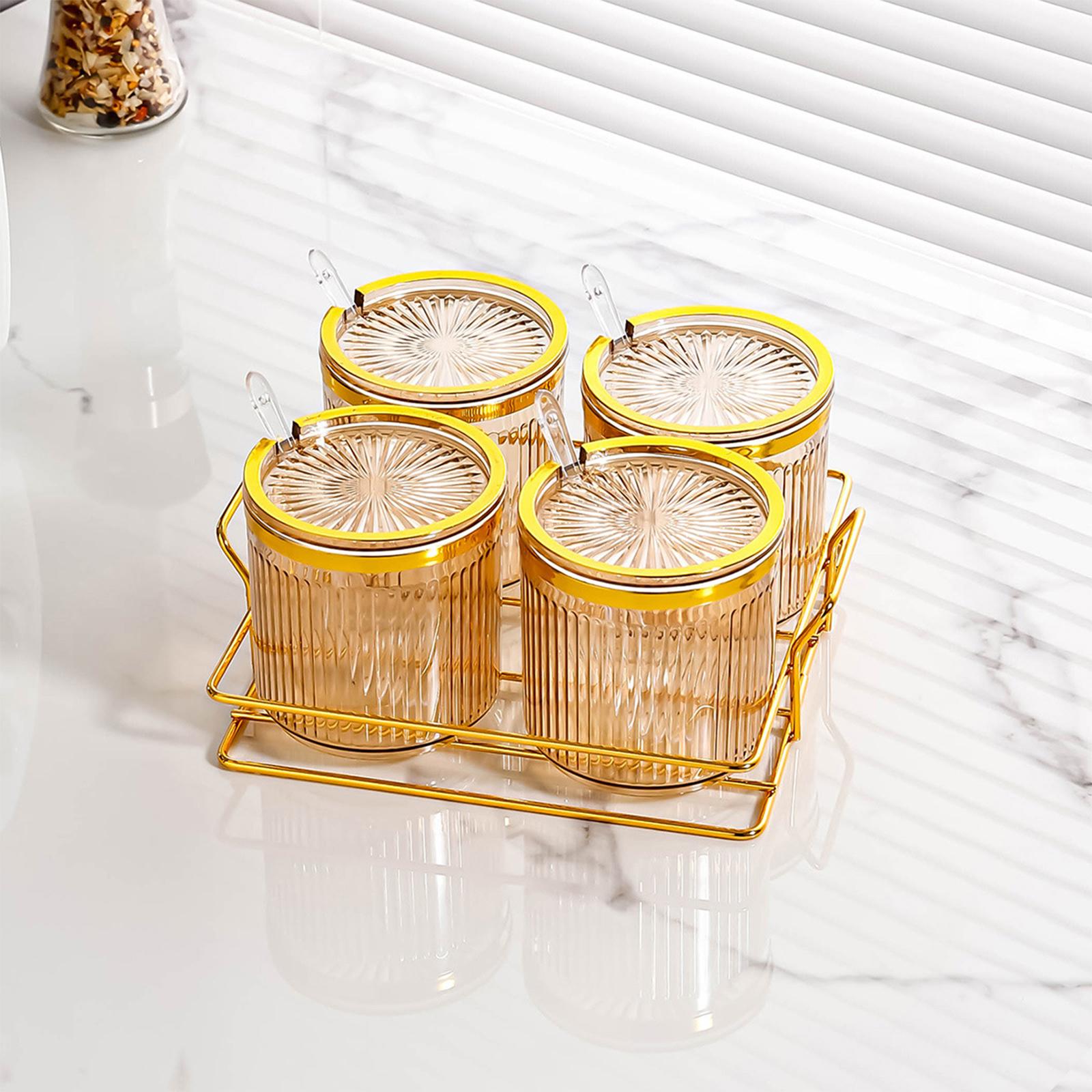 Condiment Pots Tank Food Container with Lids and Spoons 4 grids