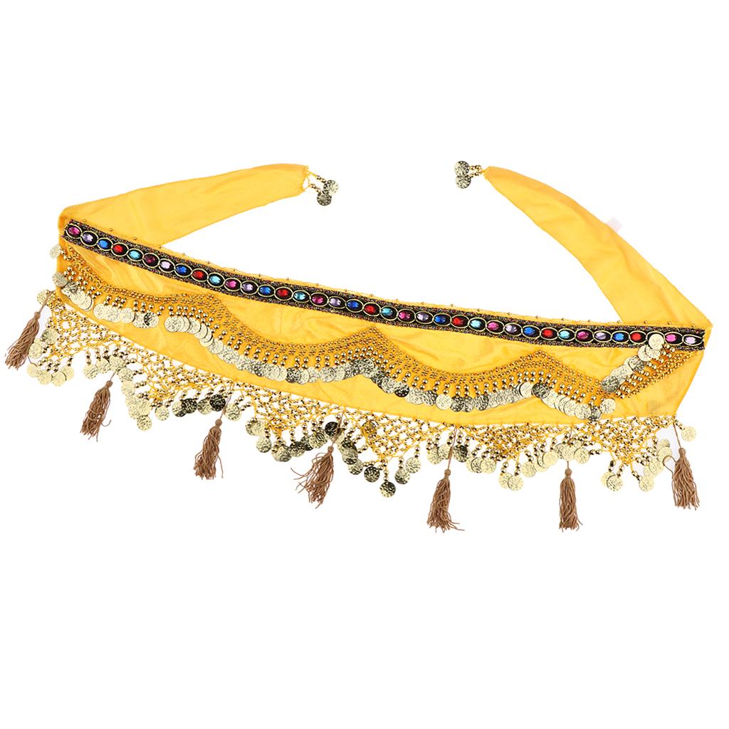 Womens Sequins Belly Dance Hip Scarf Wrap Skirt with Gold Coins Yellow