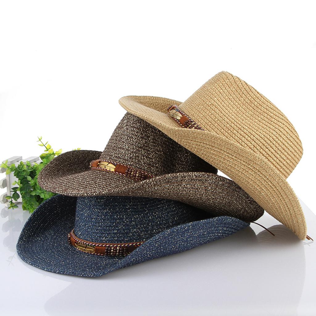 Unisex Western Style Straw Cowboy Cowgirl Hat Wide Brim Sun Hat Khaki