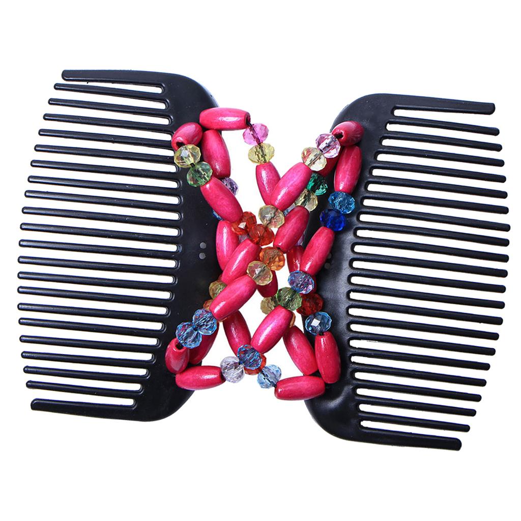 Double Beaded Hair Comb Clip Elasticity Hairpin Hair Accessories Rose Red