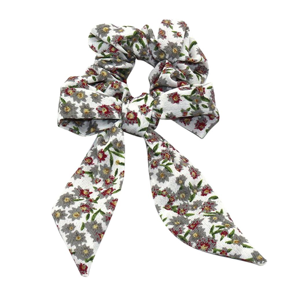 Womens Bowknot Hair Scrunchies Floral Scrunchie Scarf Hair Ties White