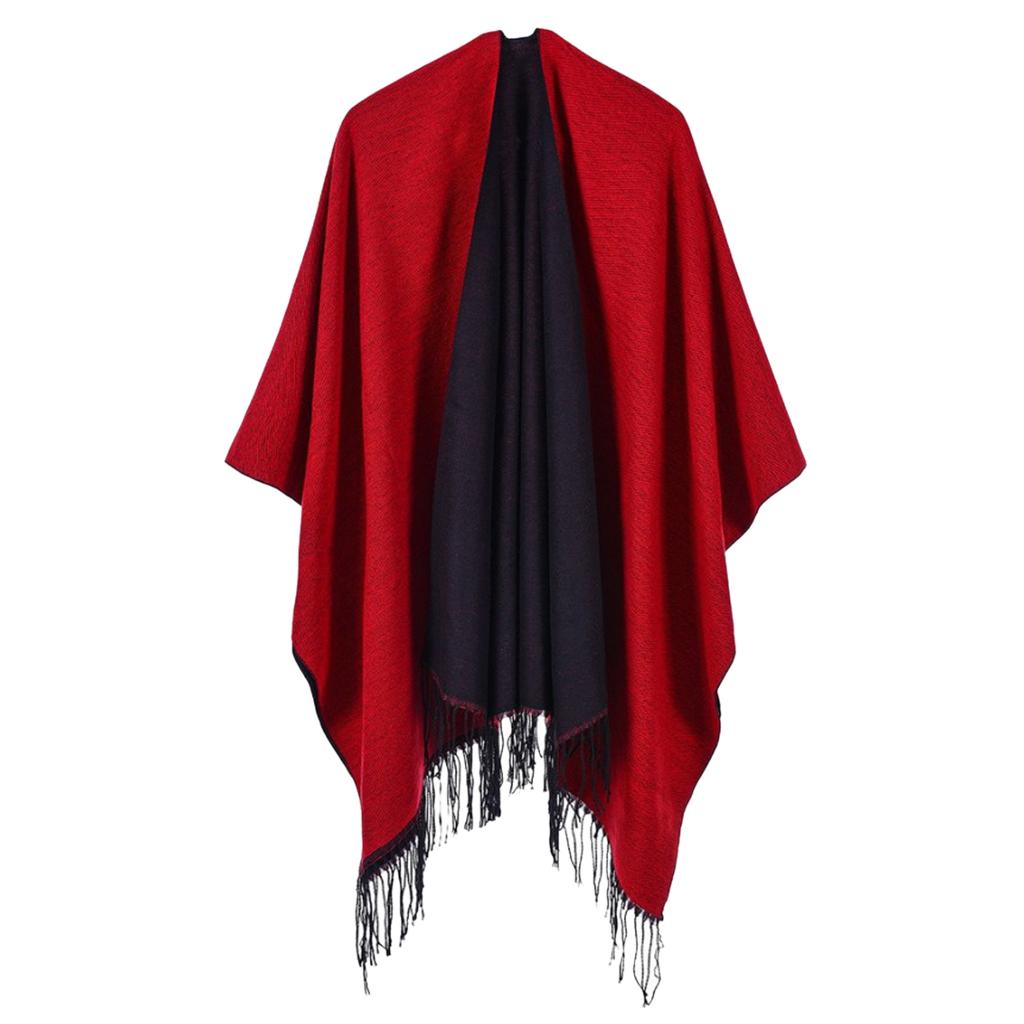 Ladies Warm Shawl Wrap Open Front Poncho Winter Cardigan Sweater Red