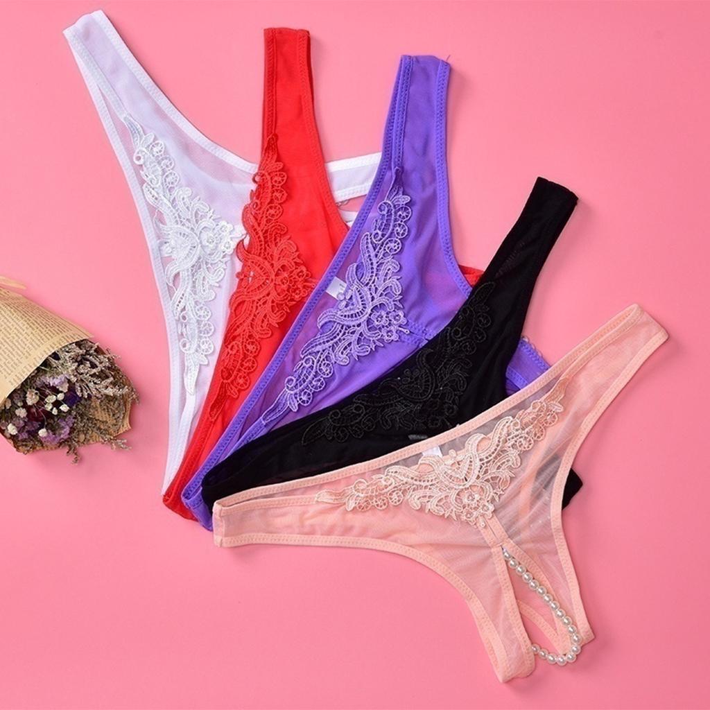 Women Sexy Pearl Massage Lingerie Lace Thong G-String Pantiy Briefs White