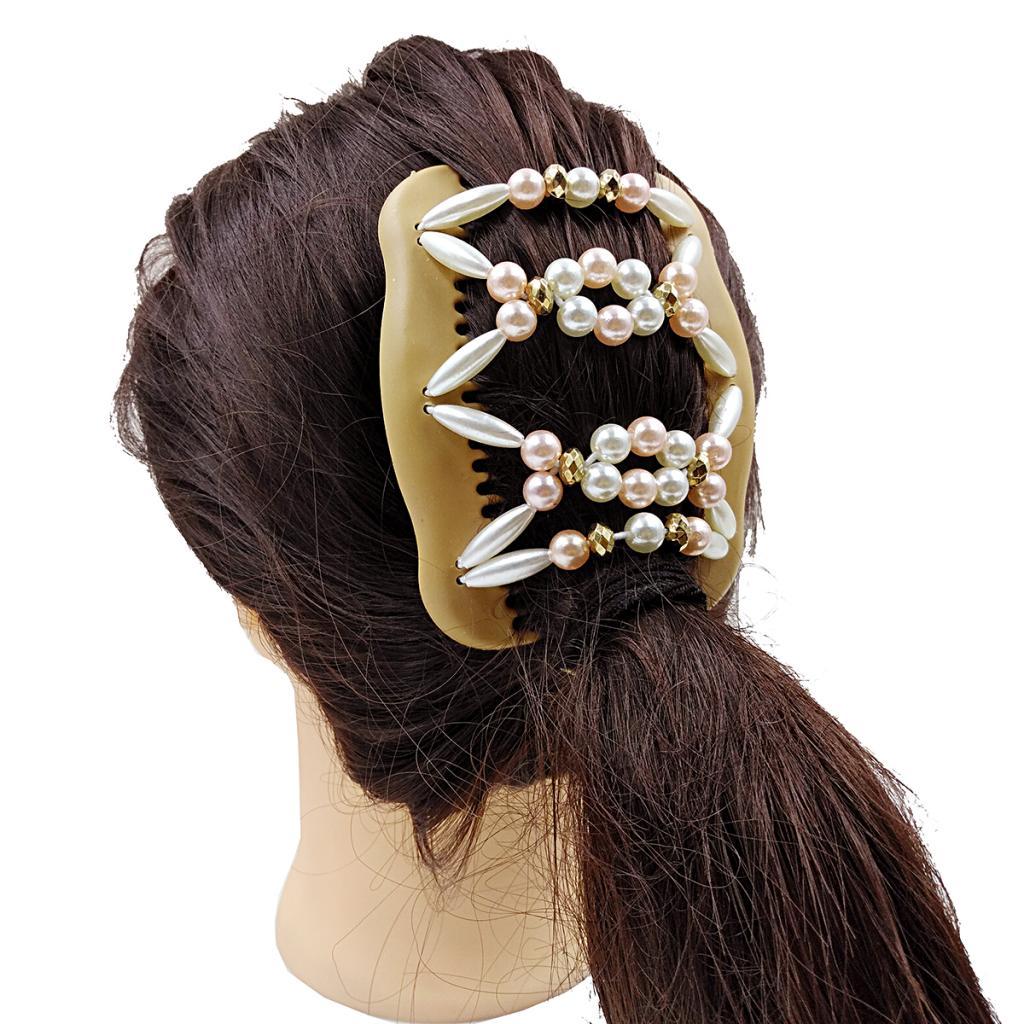 Womens Beaded Pearls Magic Elastic Hair Clips Stretchy Double Hair Combs