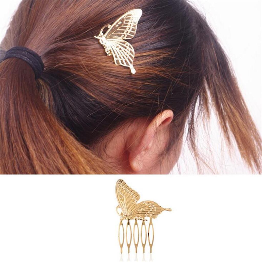 Fashion Women Charm Butterfly Hair Comb Bridal Prom Hair Accessory Golden