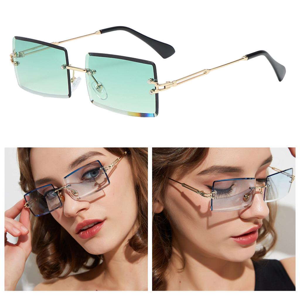 Chic Rectangle Cut Rimless Sunglasses Tinted Lens Eyewear Shades Green