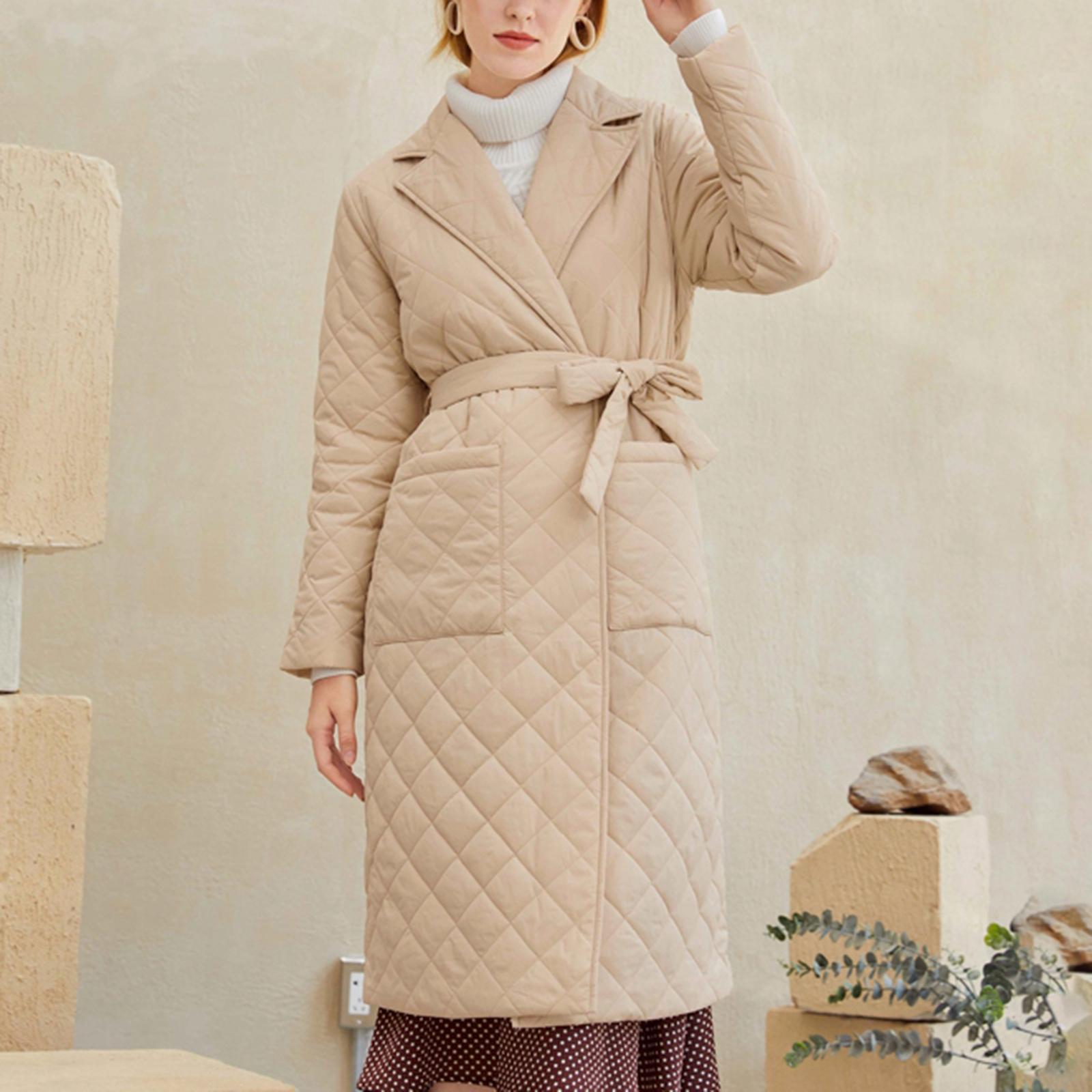 Winter Windproof Jacket Casual Sashes Women Parka Long Straight Coat Beige L
