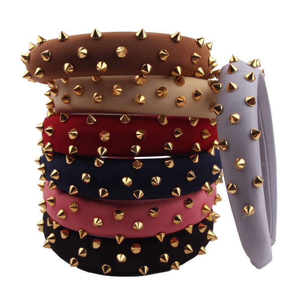 Women Punk Rivet Headband Sponge Headwear Wide Head Wrap Hair Bands Grey
