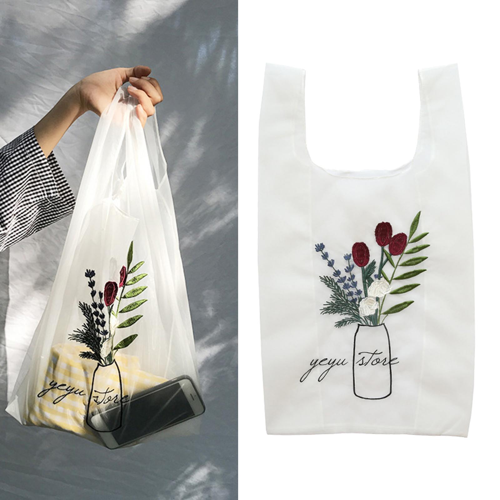 Reusable Shopping Bags Grocery Tote Bags Women Embroidery Handbag White