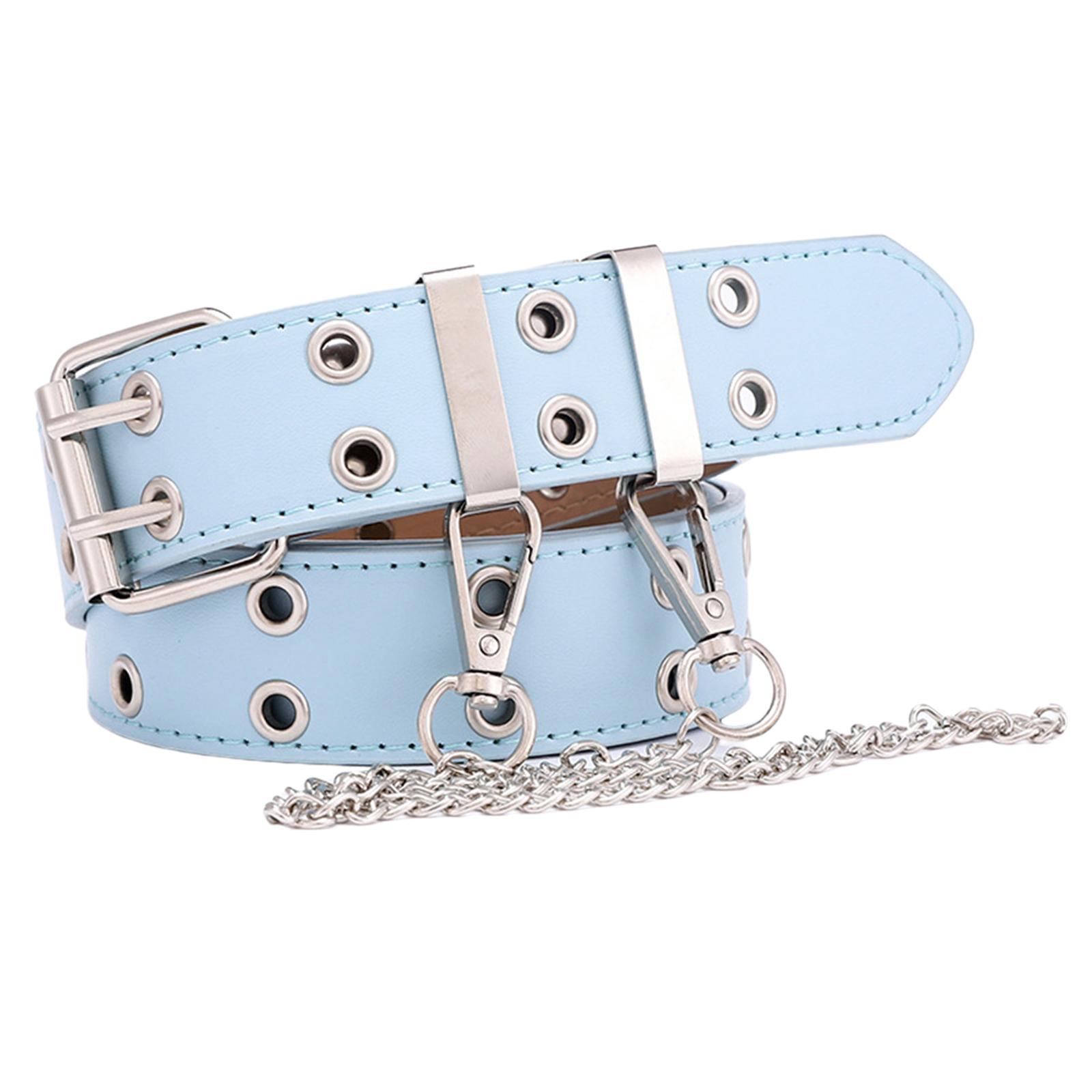 Women Punk Belt Double Grommet Leather Jeans Waist Strap Blue with Chain