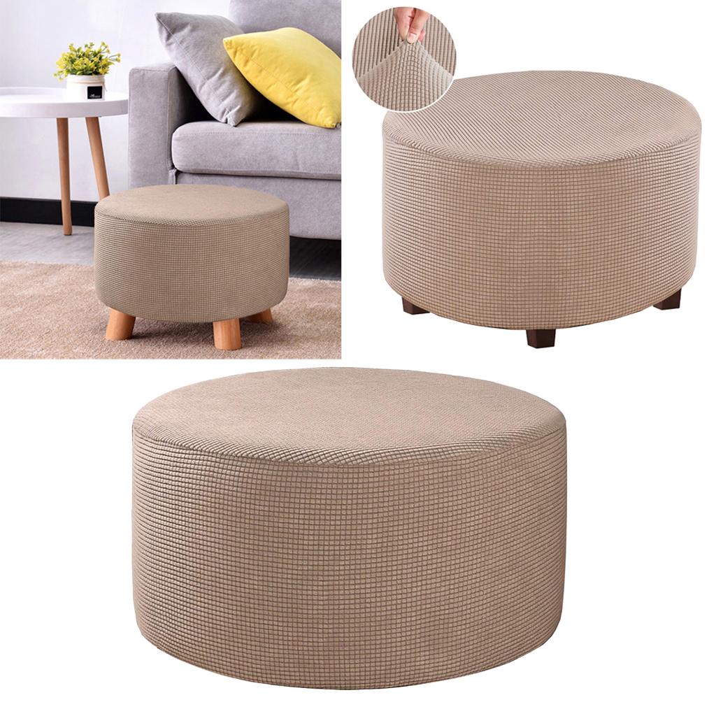 Spandex Jacquard Round Ottoman Slipcover Footrest Covers Khaki