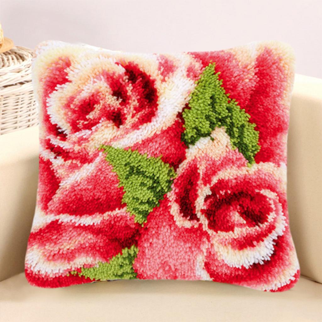 Latch Hook Kits Pillow Case Cushion Cover Making Kit 17x17" Pink Flower