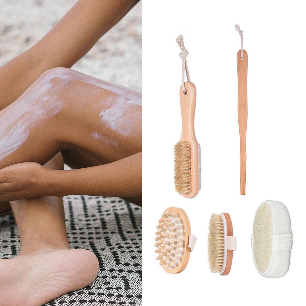 Exfoliating Bath Body Brush Set Natural Boar Bristle Wooden Brush Massager