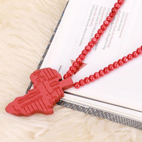 Red Wooden Bead Necklace w/ African Map Pendant