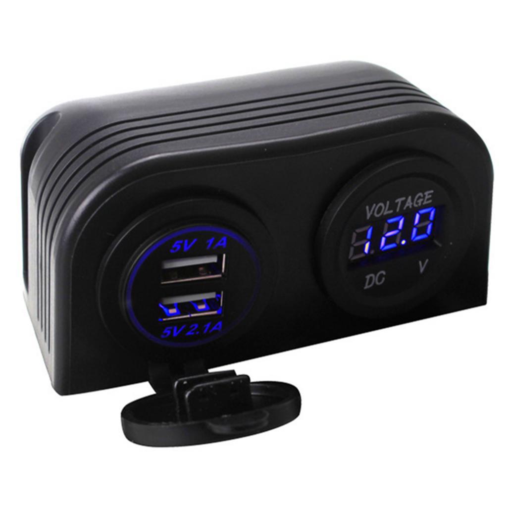 Boat Cigarette Lighter Female Charger Socket Double USB +Voltmeter Blue