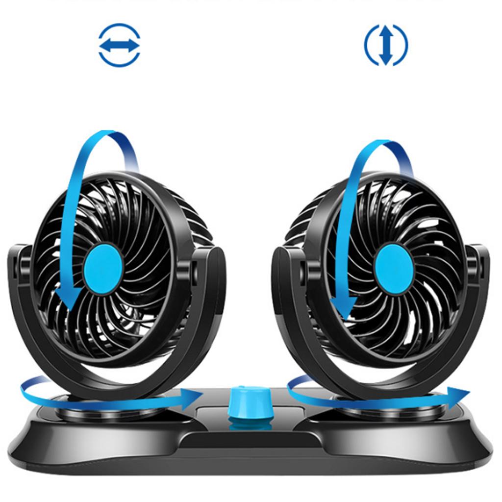 Dual Head Car Cooling Air Fan 360 Degree Rotation Quiet Blue 12V