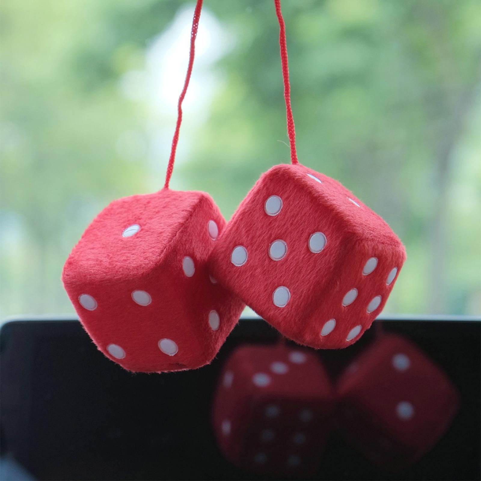 2Pcs Retro Fuzzy Dice with Dots Plush Dice Craps Pendant Ornament Red