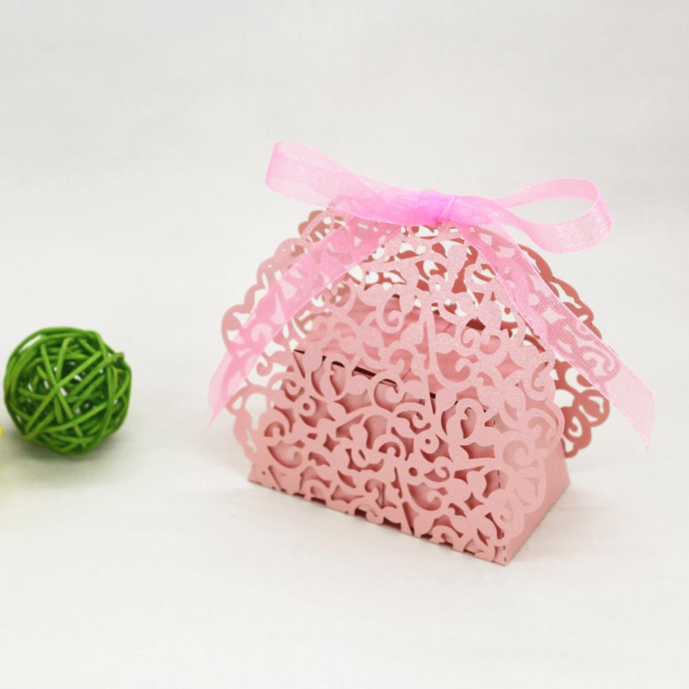 20x Floral Laser Cut Gift Candy Boxes w/ Ribbon Wedding Party Favor Pink