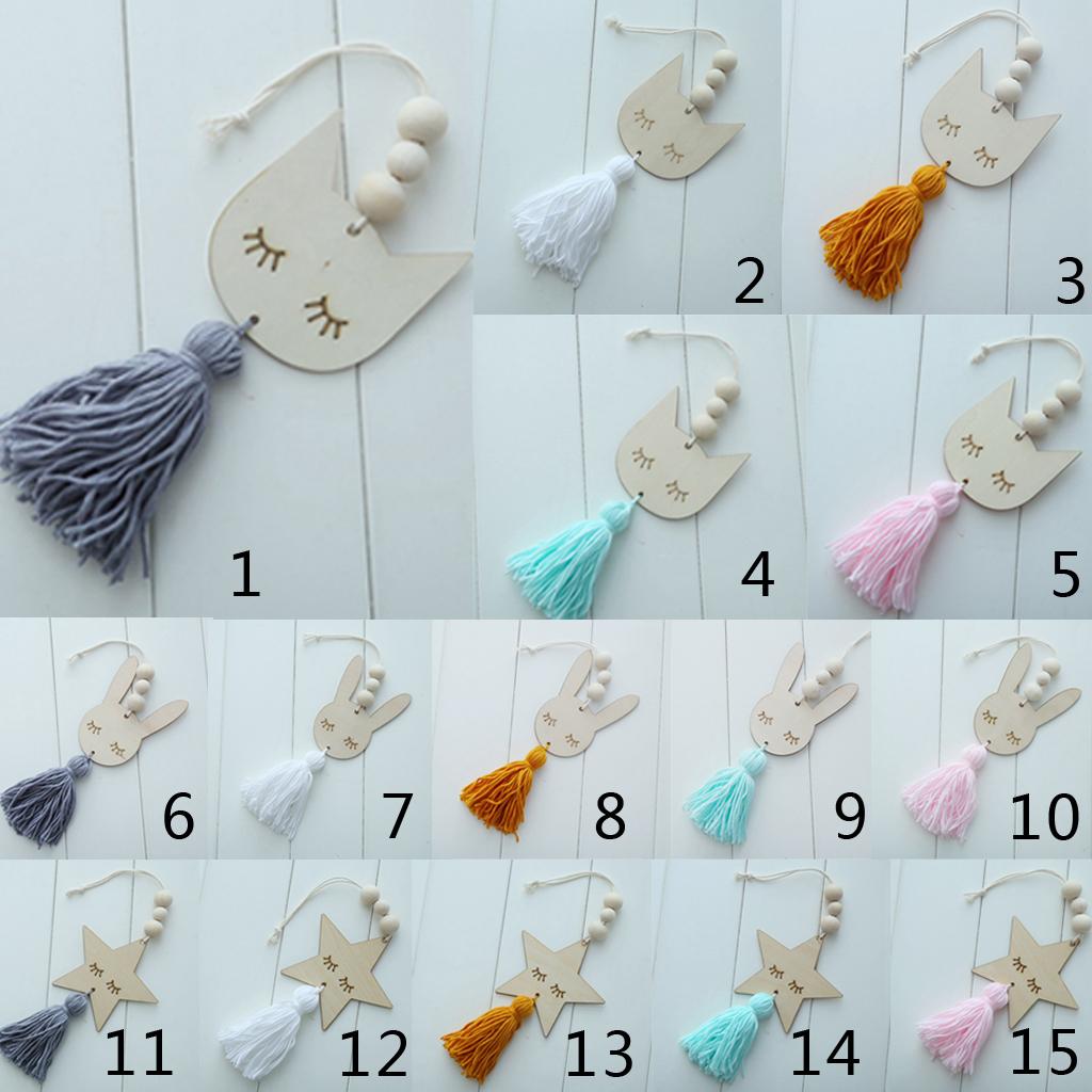 Nordic Wooden Beads Tassel Pendant Girls Wall Hanging Ornament Cat Gray