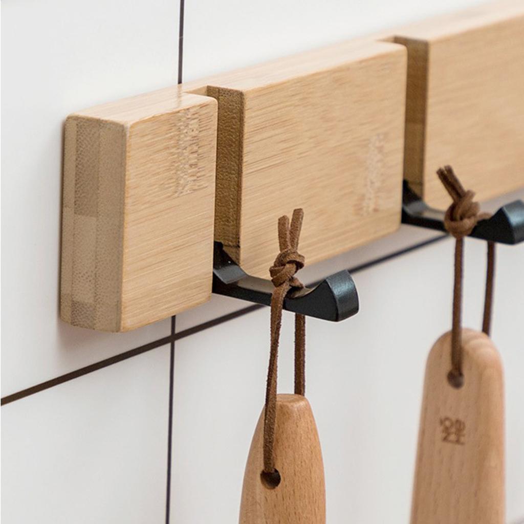 Foldable Wall Mounted Wooden Hook Robe Clothing Towel Hanger Nature 5 Hooks