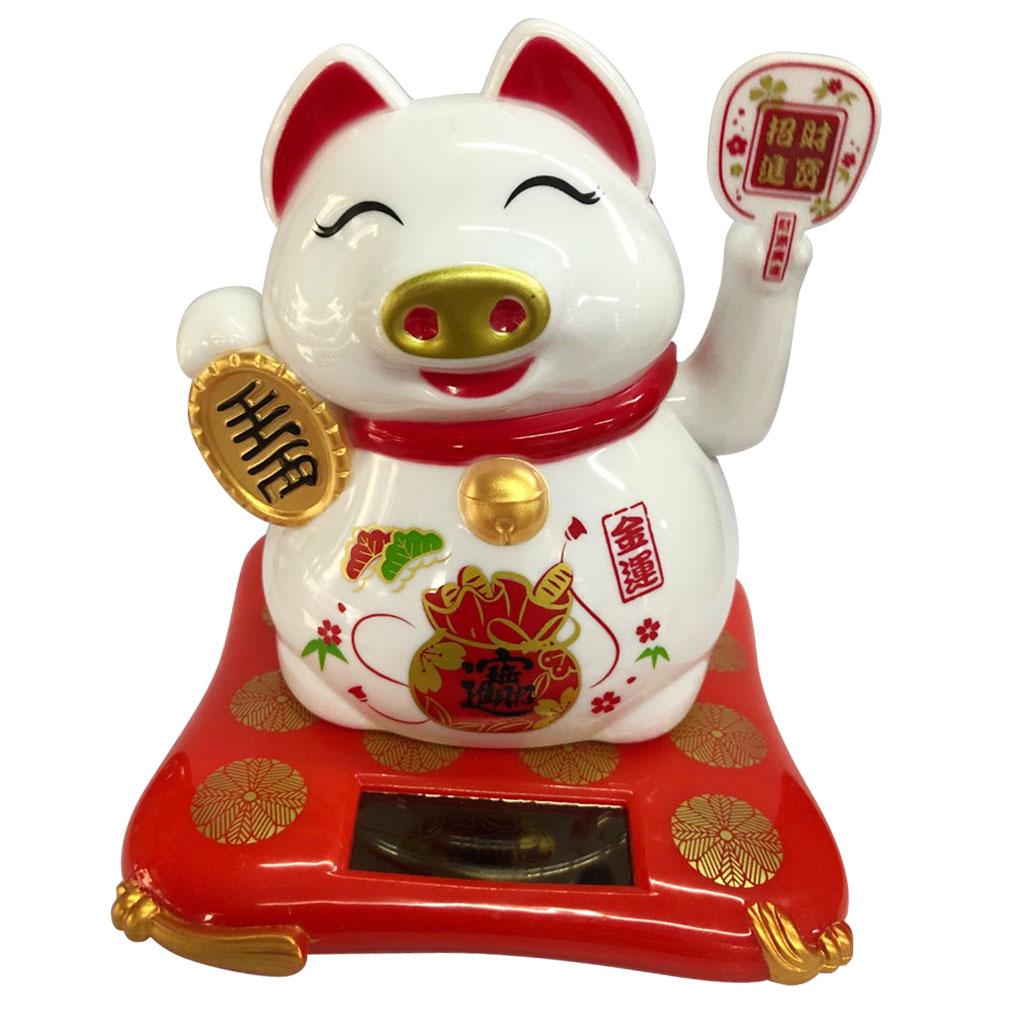Solar Powered Lucky Beckoning Waving Pig Lucky Money Pig for Home Office and Car décor -54x3.54x3.94inch