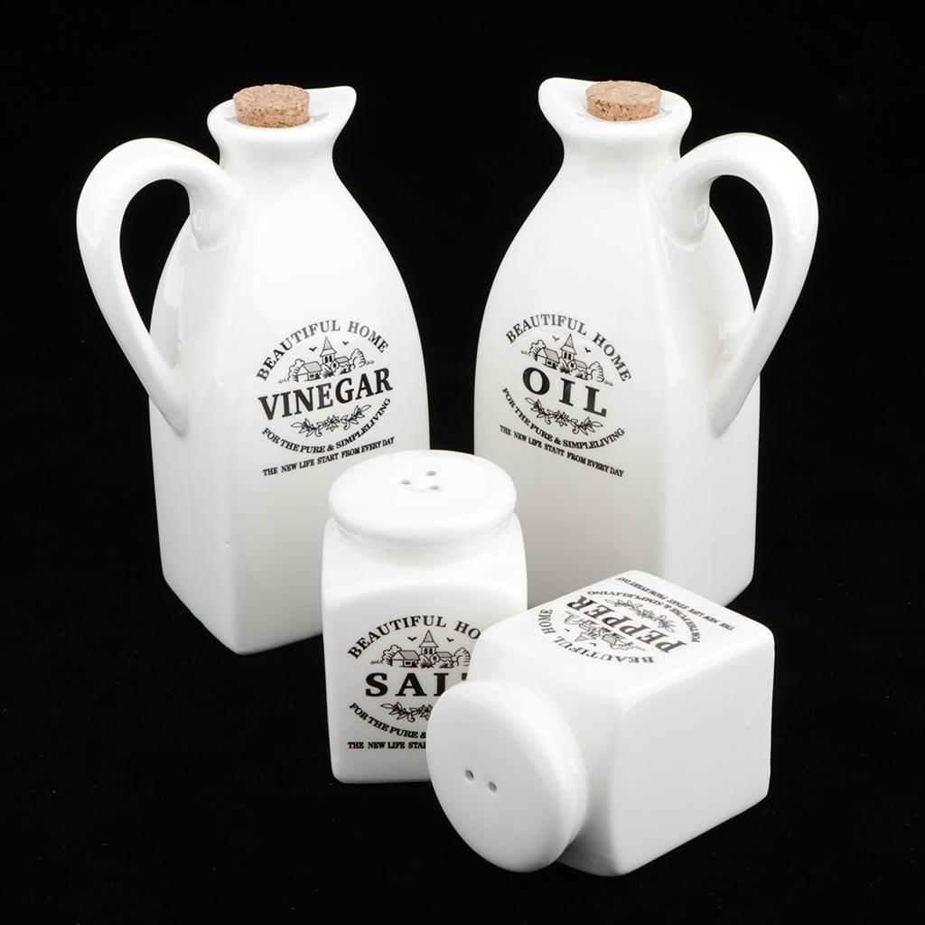 4Pcs White Ceramic Cruet Set for Oil Vinegar Salt Pepper Kitchen Tool Gadget